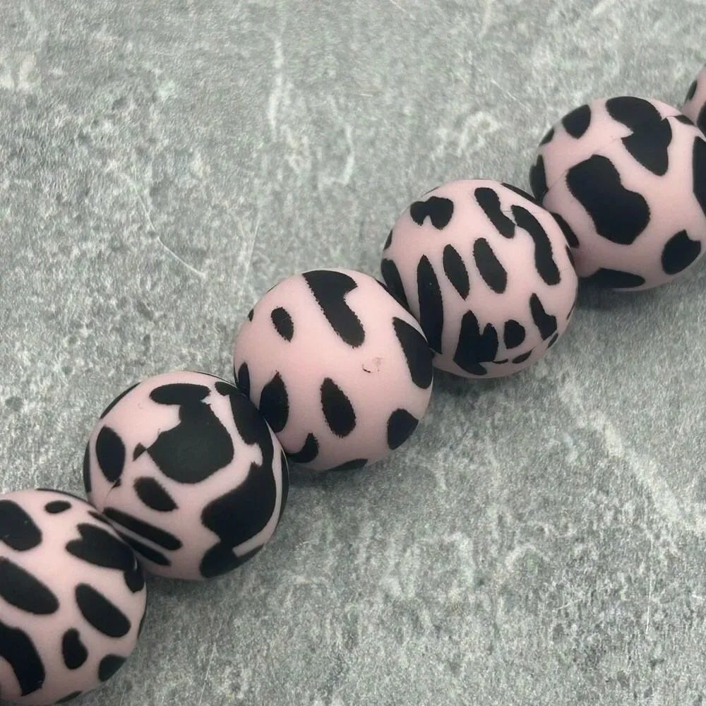 New Handmade Leopard Beaded Keychain Black Pink Round Beads Wristlet Key Ring Ac